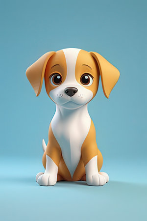 Cute cartoon dog sitting on a blue background. 3d renderingの素材