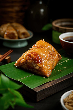 Dumplings with soy sauce on a black background.の素材
