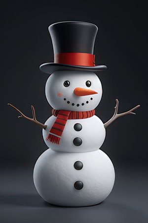 Snowman with top hat and scarf on black background. 3d illustrationの素材