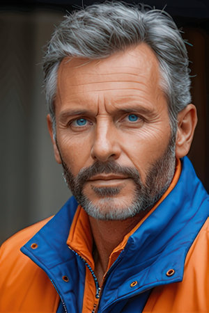 Portrait of a senior man with gray hair and blue eyes in an orange jacket.の素材