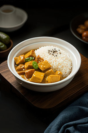 Pork curry with rice in a white bowl on a black backgroundの素材