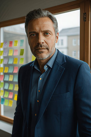 Portrait of mature businessman standing in office with sticky notes on wallのeditorial素材