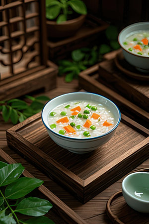 Rice porridge with green peas and carrot in bowl on wooden backgroundの素材