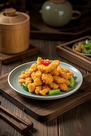 Fried chicken nuggets with sweet and sour sauce on a plateの素材