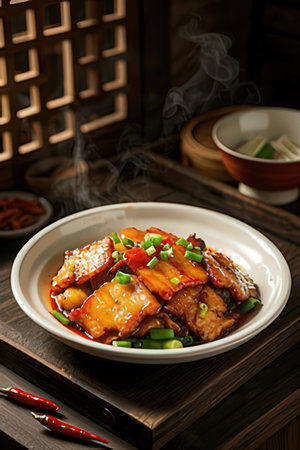Teriyaki chicken in sweet and sour sauce with green onions on wooden backgroundの素材