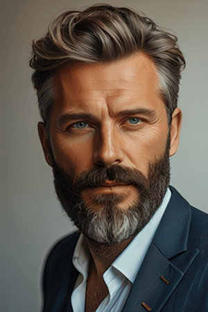 Handsome middle-aged man with gray hair and beard.の素材