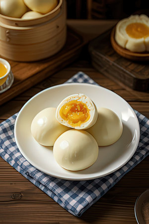 Chinese steamed dumpling with egg yolk on white plateの素材