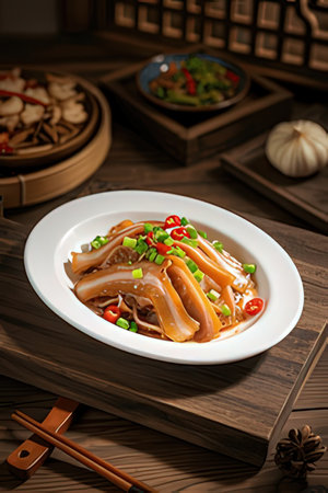 Rice noodles with meat and vegetables in a white plate on a wooden tableの素材