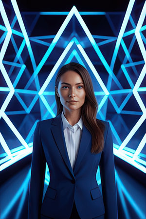 Portrait of a beautiful businesswoman in a blue suit on a dark background.の素材