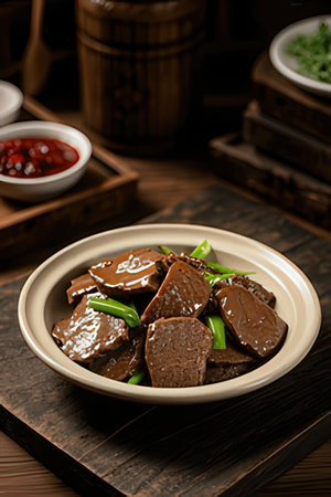 Beef tenderloin in soy sauce served in bowl on wooden tableの素材