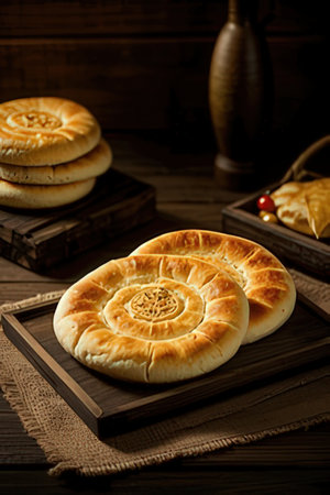 Traditional Turkish pastry khachapuri on wooden background. Toned.の素材