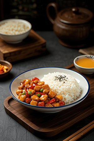 Sweet and sour pork with sweet and sour sauce served with boiled riceの素材