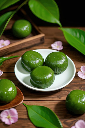 Green tea mochi japanese dessert on wooden background.の素材