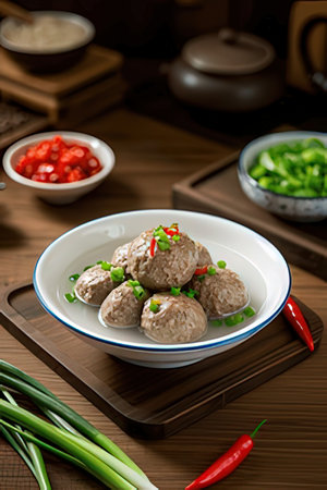 Bowl of rice balls with minced meat and vegetables on wooden tableの素材