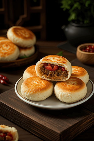 Homemade pies with meat and vegetables on a plate on a wooden tableの素材