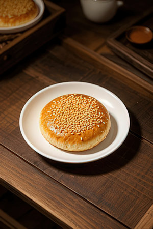 Japanese donut with sesame seeds on a white plate on a wooden tableの素材