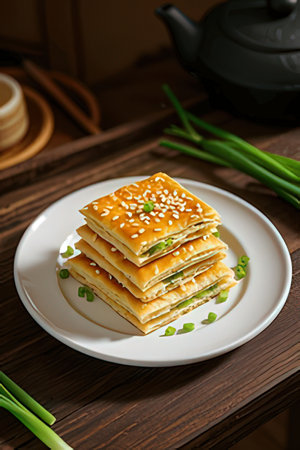 Stack of sesame green onion cakes on a white plateの素材