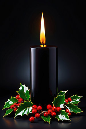 Christmas candle with holly and red berries on a black background.の素材