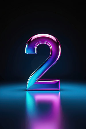 Glowing neon number 2 on black background. 3D illustration.の素材