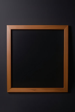 Blackboard on a black wall with a wooden frame, copy spaceの素材
