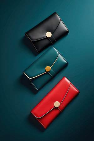 Red and black leather clutch on a dark background. Top view.の素材