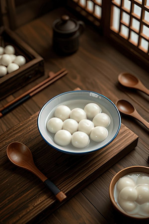 Traditional dumplings in a bowl on a wooden tableの素材