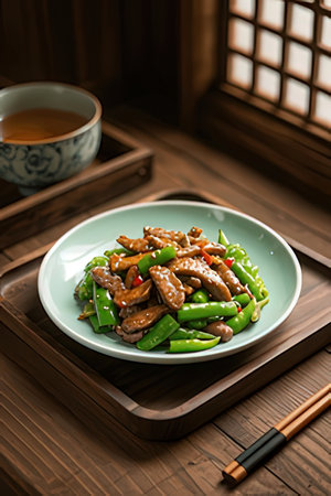 Stir-fried pork and green beans with soy sauce on a plateの素材