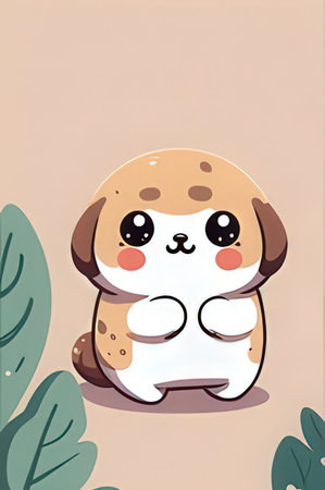 Cute cartoon dog sitting on the ground in the jungle. Vector illustration.の素材