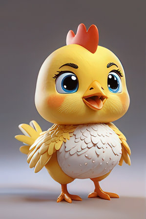 Cute yellow chicken isolated on a gray background. 3d renderの素材