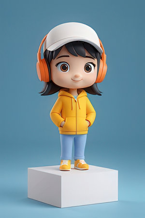 3D Render of Cartoon Character with Downhill Hoodie and Headphonesの素材
