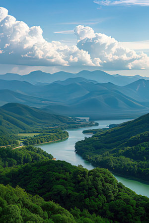 Beautiful view of the lake in the mountains. Summer landscape.の素材