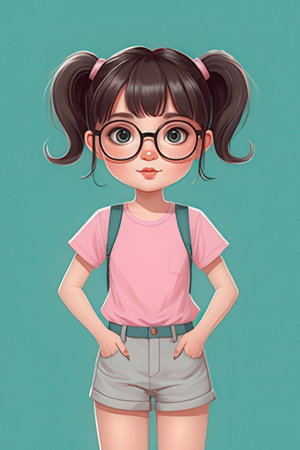Cute little girl with glasses and a backpack. Vector illustration.の素材