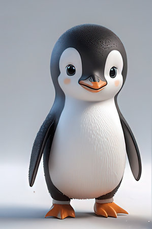 3d illustration of a cute penguin standing on a gray backgroundの素材