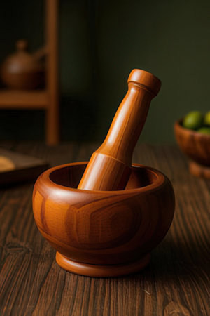 Wooden mortar and pestle with olive oil on a wooden tableの素材