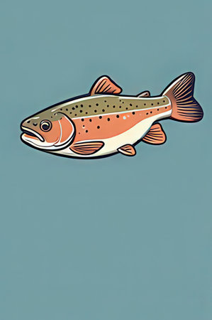 Illustration of a rainbow trout on a blue background with space for textの素材