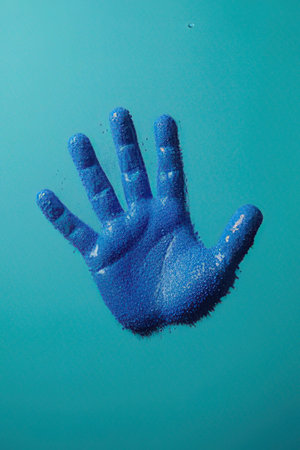 Hand of a child in blue paint on a blue background close upの素材