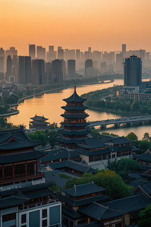 Aerial view of Hangzhou West Lake and ancient buildings at sunsetの素材