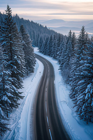 Winter road in the mountains. Carpathians, Ukraine, Europeの素材