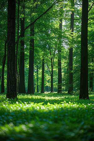 beautiful green forest background in sunny day. nature green wood sunlight backgroundsの素材