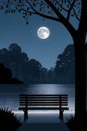 Bench in the park at night with full moon and tree background.の素材