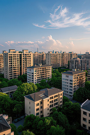 Aerial view of a modern residential area in the city at sunsetの素材