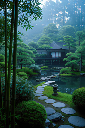 Japanese garden with pond, bamboo and house in the morning mist.の素材