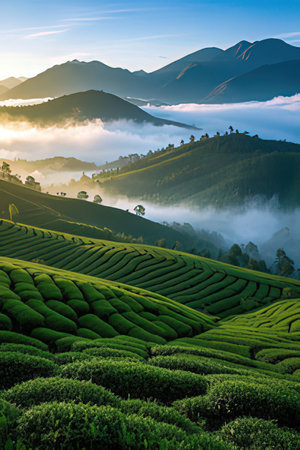 Tea Plantation at Sunrise in Munnar, Kerala, India.の素材