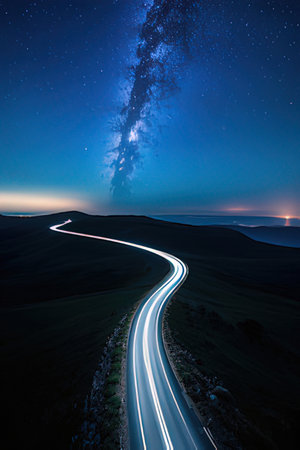 Night landscape with starry sky, road and milky way.の素材