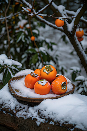 Persimmon fruit on a plate covered with snow in the parkの素材