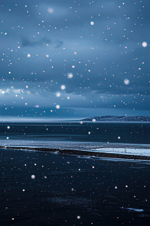 Winter landscape with snowflakes and icelandic sea at nightの素材