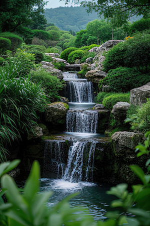 Waterfall in Japanese garden with green plants and rocks. Shallow depth of fieldの素材