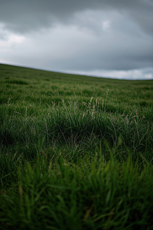 Green meadow with grass and dark clouds in the background. Shallow depth of fieldの素材
