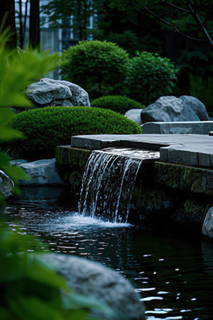 Japanese garden with a waterfall and stone walkway in the middle.の素材