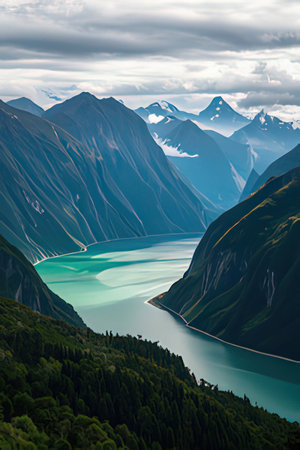 Mountains and lake in Alaska, United States. Beautiful nature landscape.の素材